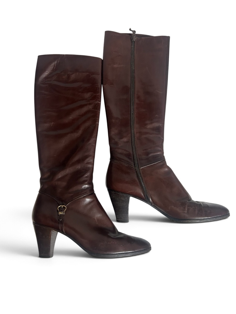 Salvatore Ferragamo Vintage 70-80s Leather Riding Boots with Buckle Espresso 8.5